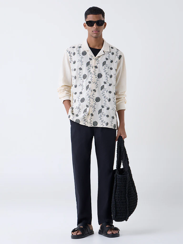 ETA Off-White Floral Embroidered Relaxed-Fit Cotton Shirt - Image 2