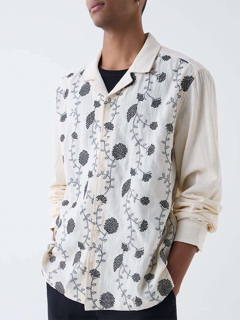 ETA Off-White Floral Embroidered Relaxed-Fit Cotton Shirt - Image 3