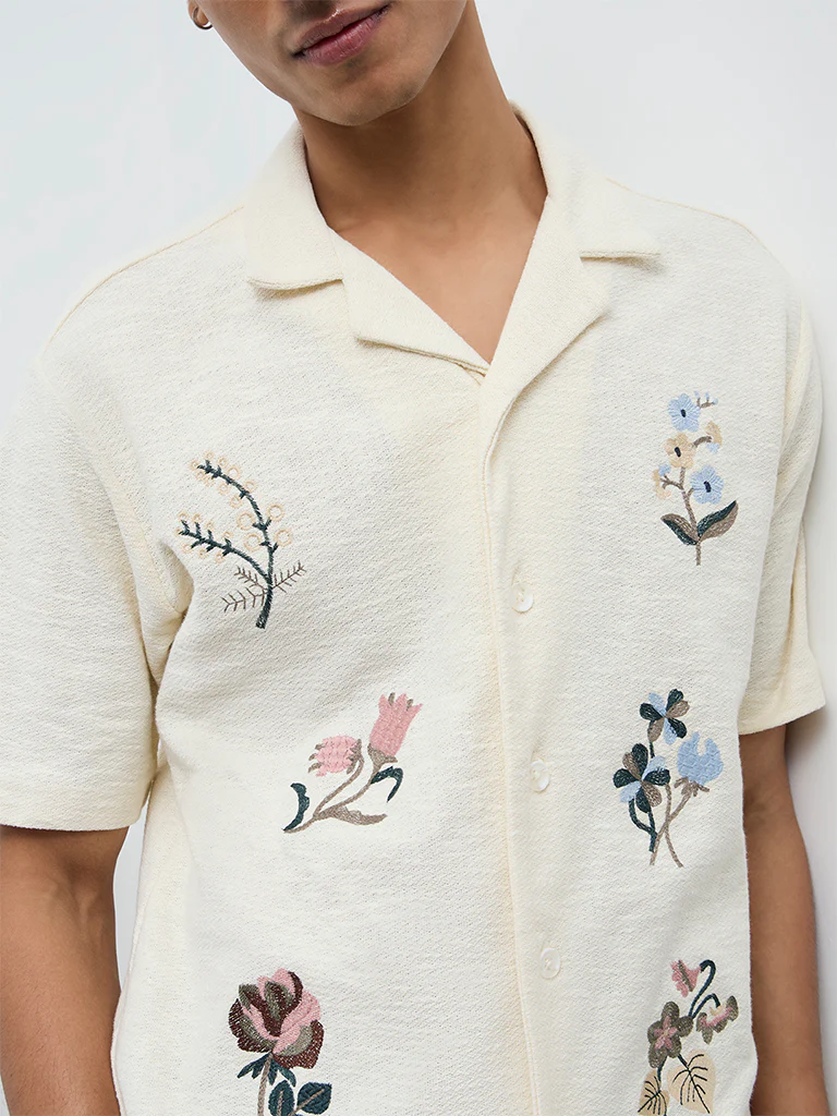 ETA Off-White Floral Embroidered Relaxed-Fit Cotton Shirt - Image 4