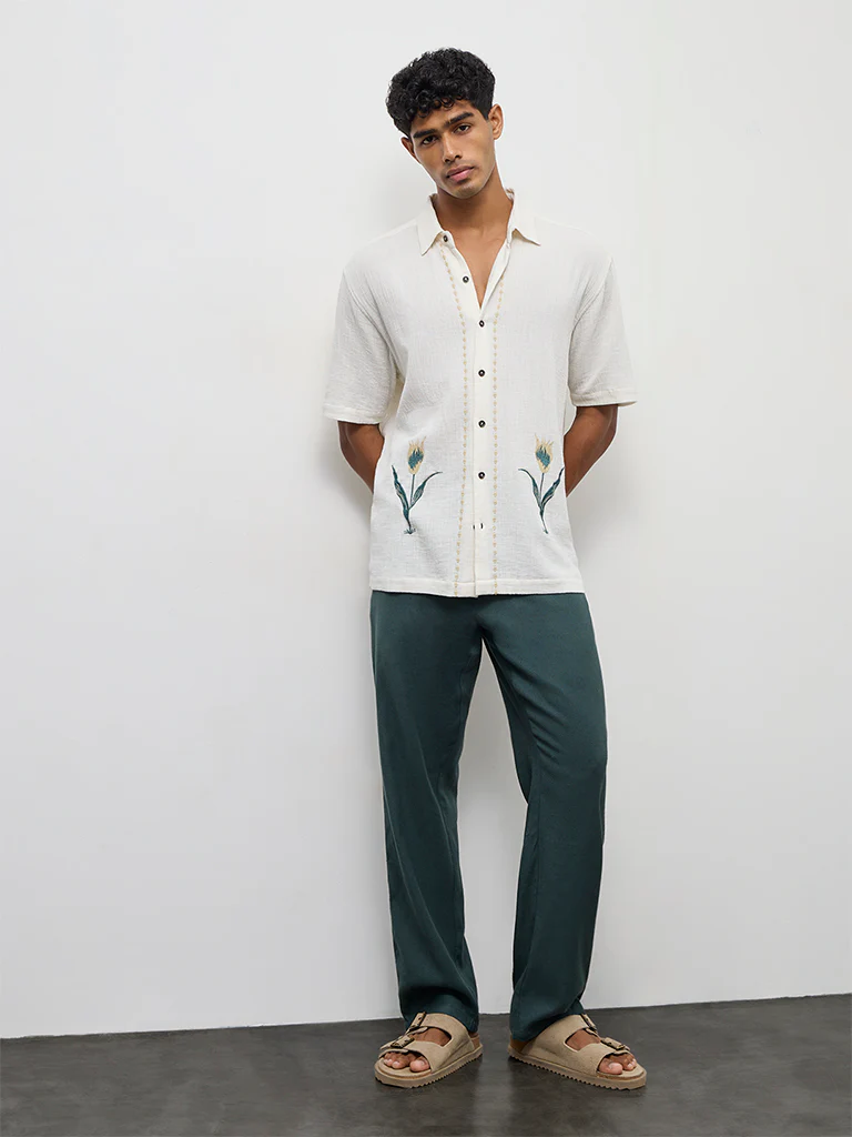 ETA Off-White Floral Embroidered Relaxed-Fit Cotton Shirt - Image 2