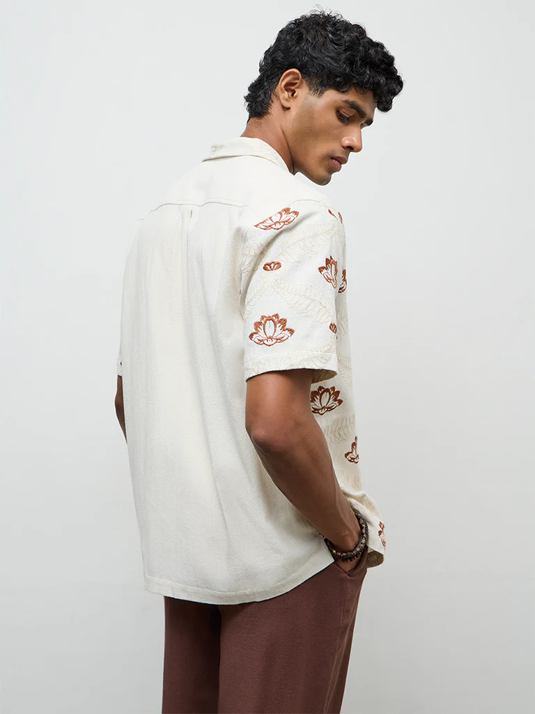 ETA Off-White Floral Embroidered Relaxed-Fit Cotton Shirt - Image 4