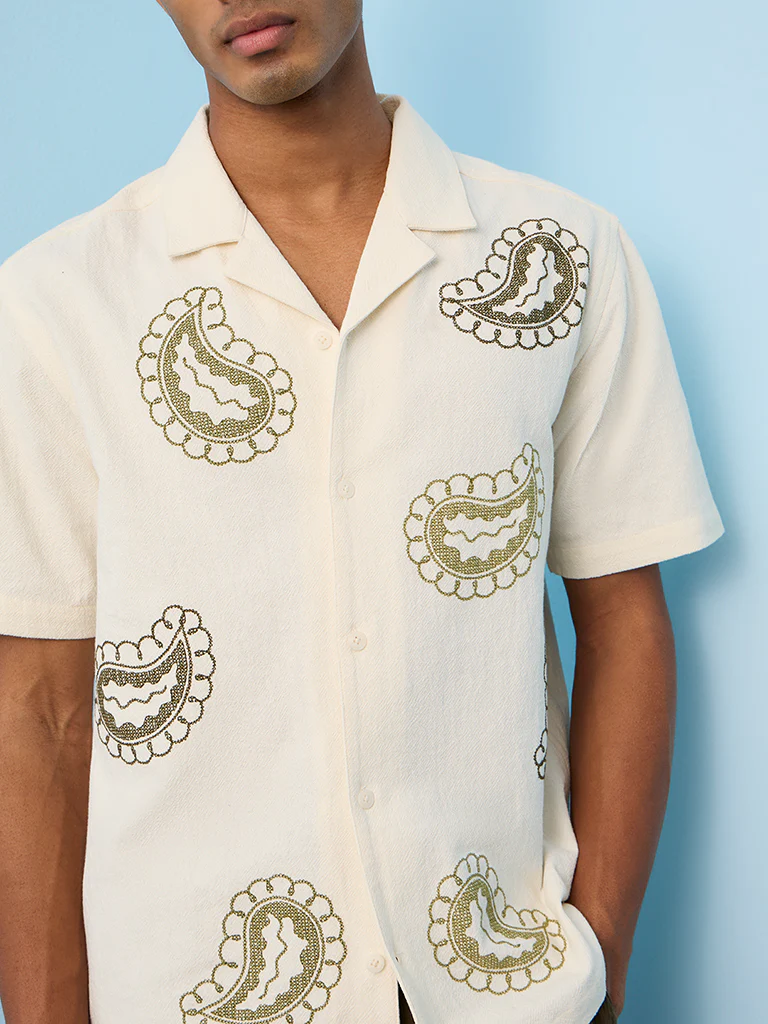 ETA Off-White Paisley Embroidered Relaxed-Fit Cotton Shirt - Image 3