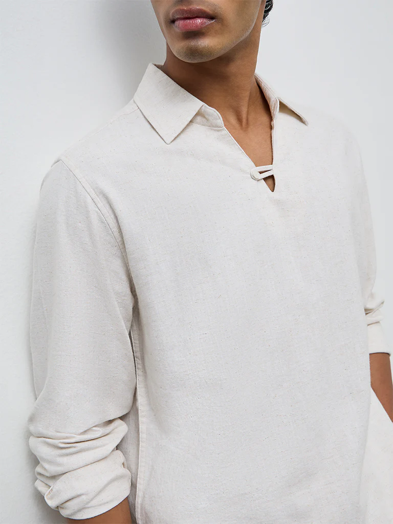 ETA Off-White Solid Relaxed-Fit Cotton-Blend Shirt - Image 3
