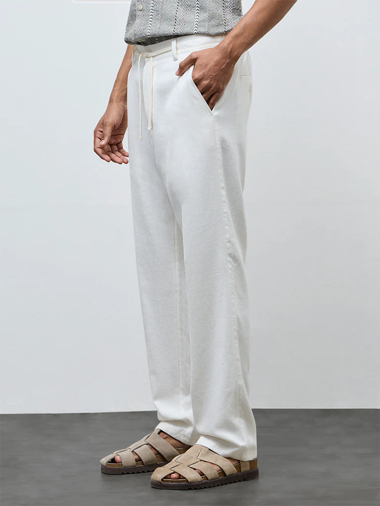 ETA Off-White Solid Relaxed-Fit Mid-Rise Cotton-Blend Chinos - Image 3