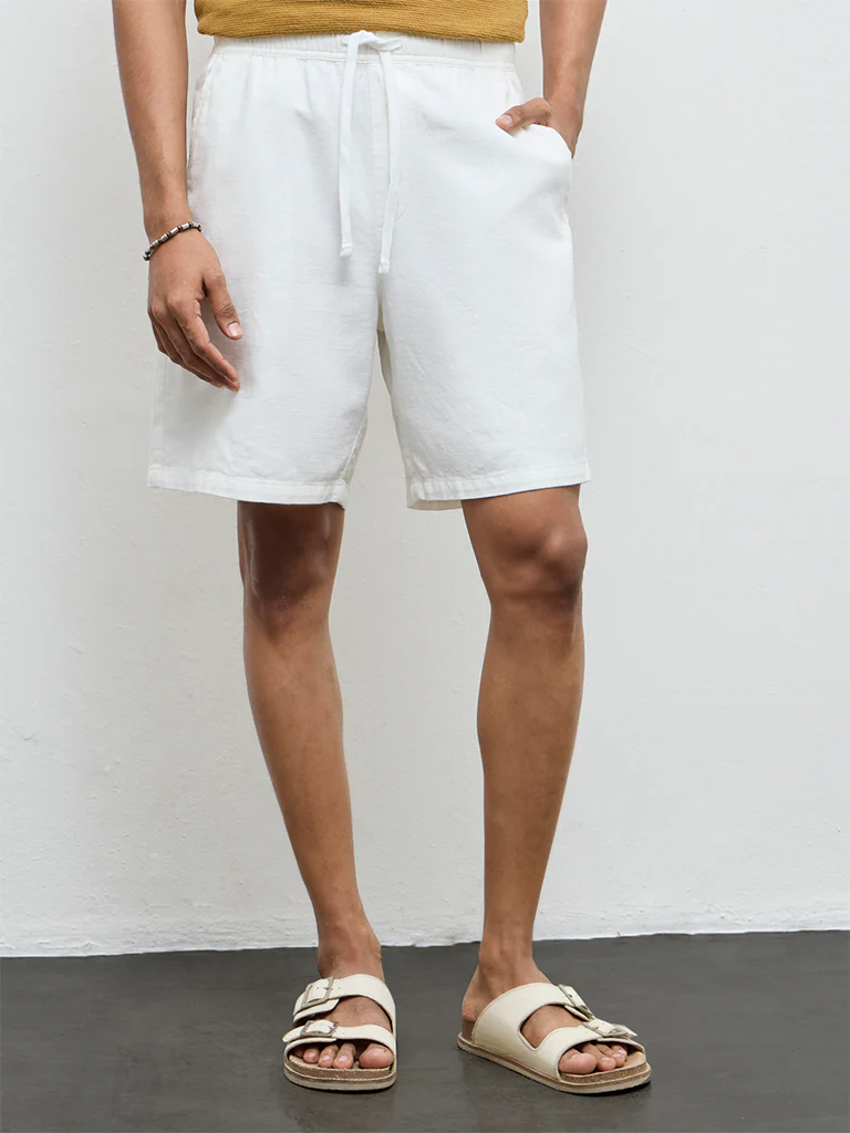 ETA Off-White Solid Relaxed-Fit Mid-Rise Cotton Shorts - Image 3