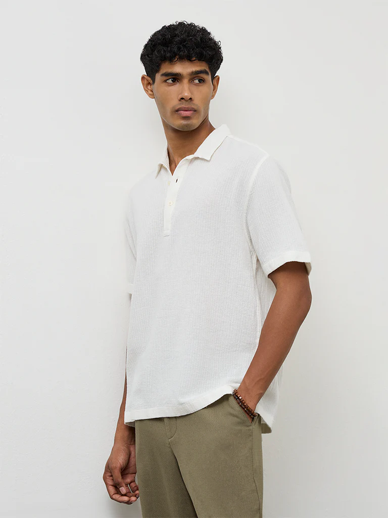 ETA Off-White Stripe-Textured Relaxed-Fit Cotton Polo T-Shirt - Image 2
