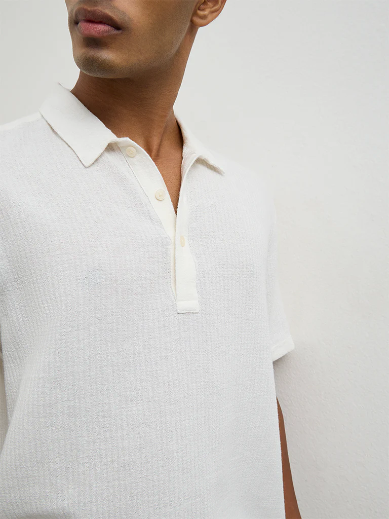 ETA Off-White Stripe-Textured Relaxed-Fit Cotton Polo T-Shirt - Image 3
