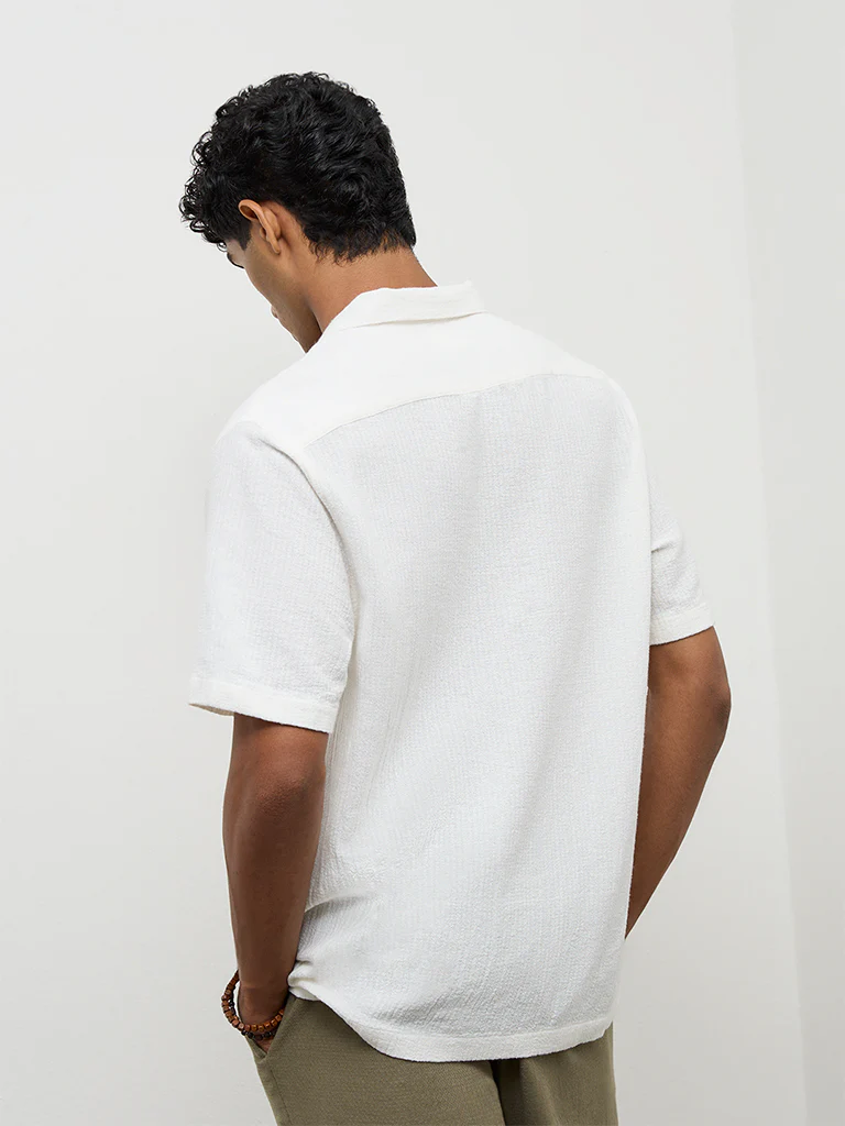 ETA Off-White Stripe-Textured Relaxed-Fit Cotton Polo T-Shirt - Image 4