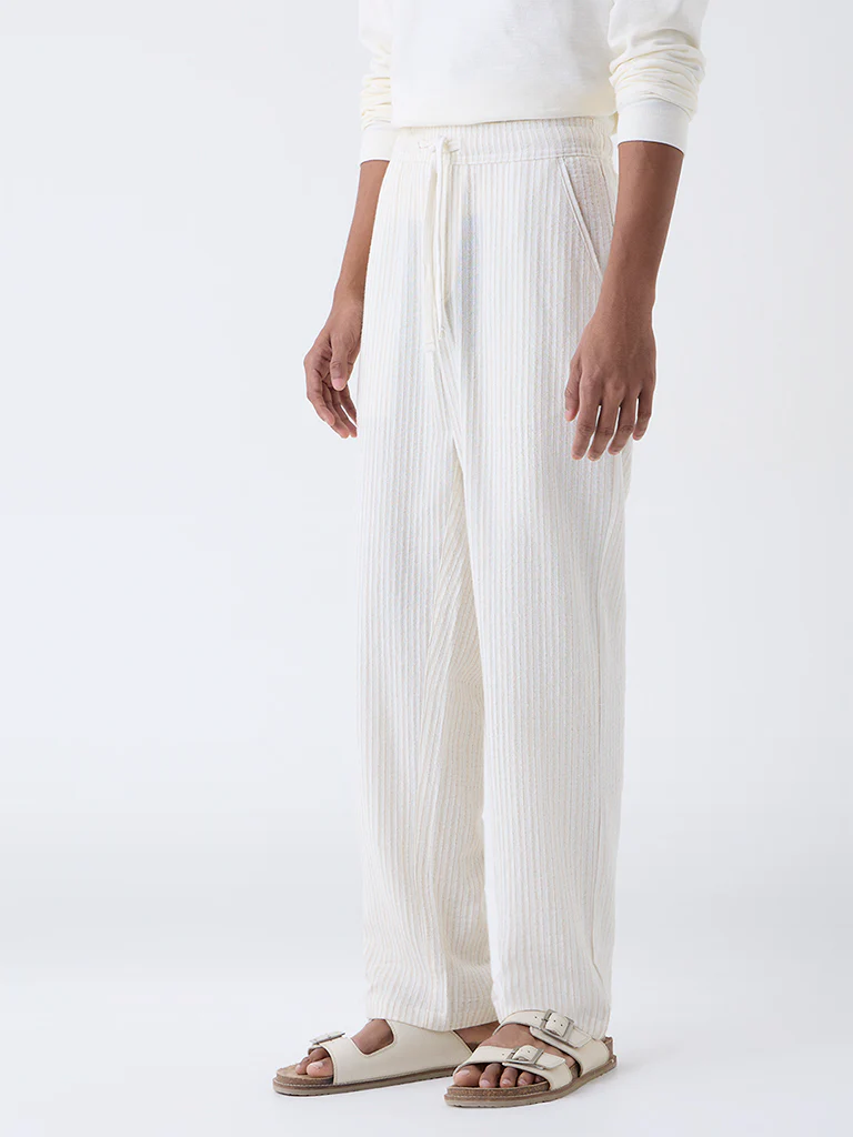 ETA Off-White Striped Relaxed-Fit Mid-Rise Cotton Pants - Image 2