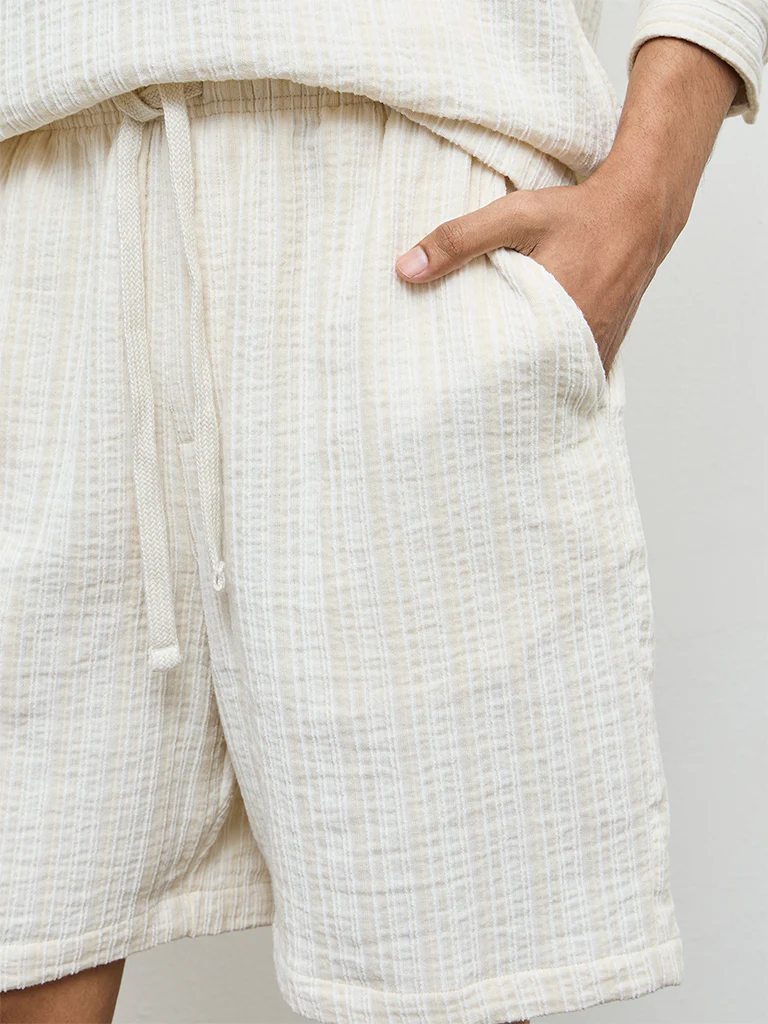 ETA Off-White Striped Textured Relaxed-Fit Mid-Rise Cotton Shorts - Image 3