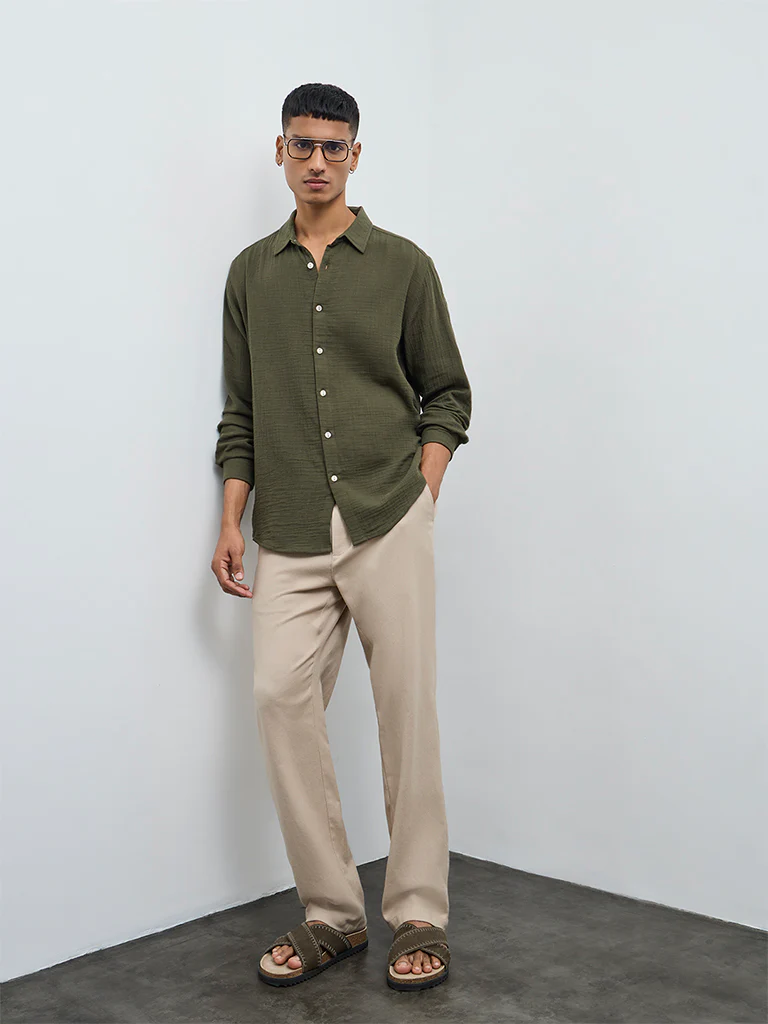 ETA Olive Crinkle-Textured Relaxed-Fit Cotton Shirt - Image 3