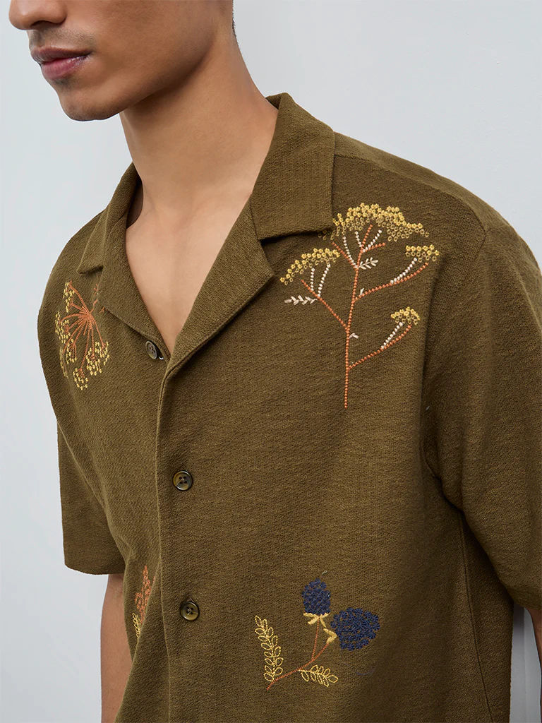 ETA Olive Floral Embroidered Relaxed-Fit Cotton Shirt - Image 4