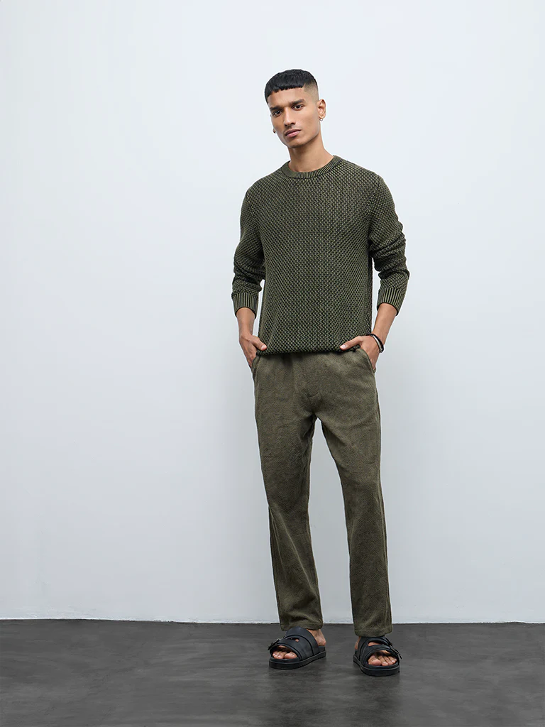 ETA Olive Knitted Textured Relaxed-Fit Cotton Sweater - Image 3