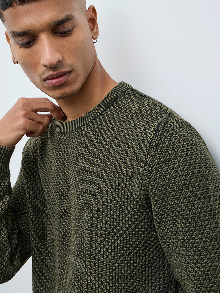 ETA Olive Knitted Textured Relaxed-Fit Cotton Sweater - Image 4