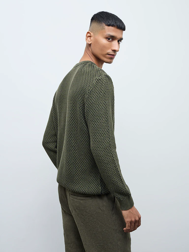 ETA Olive Knitted Textured Relaxed-Fit Cotton Sweater - Image 5