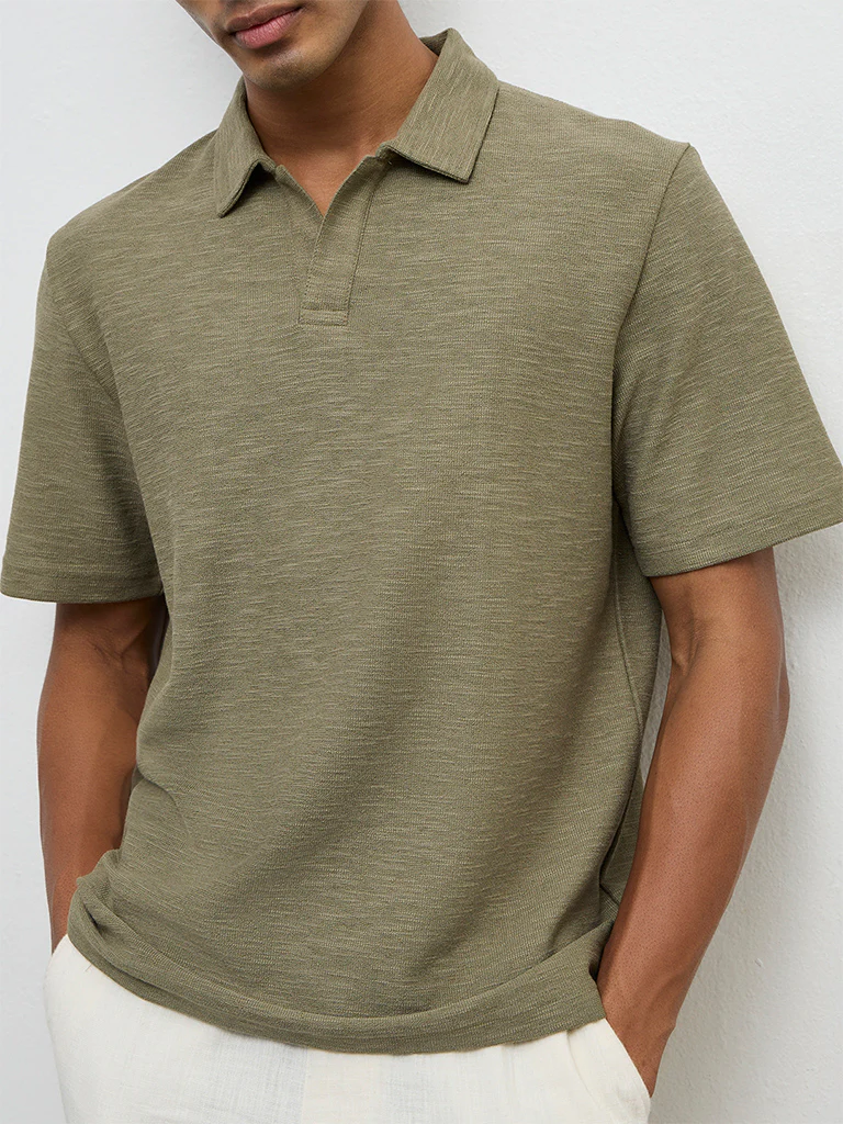 ETA Olive Relaxed-Fit Cotton-Blend Polo T-Shirt - Image 3