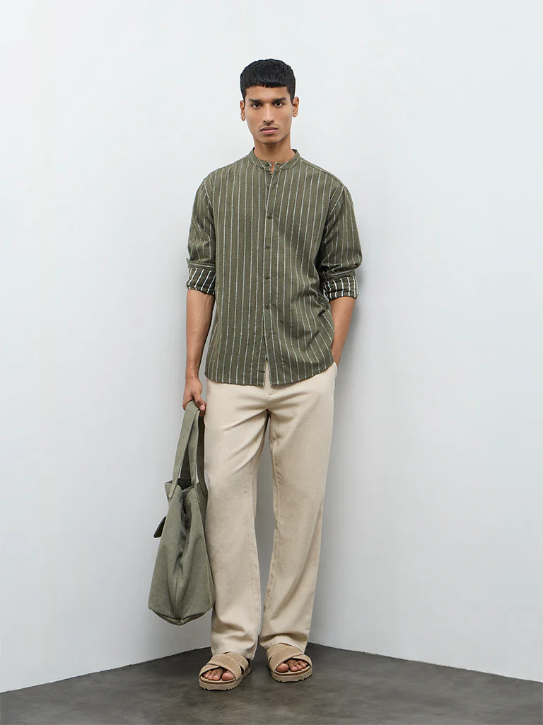 ETA Olive Stripe Embroidered Relaxed-Fit Cotton Shirt - Image 2