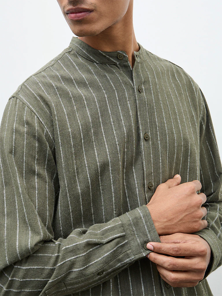 ETA Olive Stripe Embroidered Relaxed-Fit Cotton Shirt - Image 3