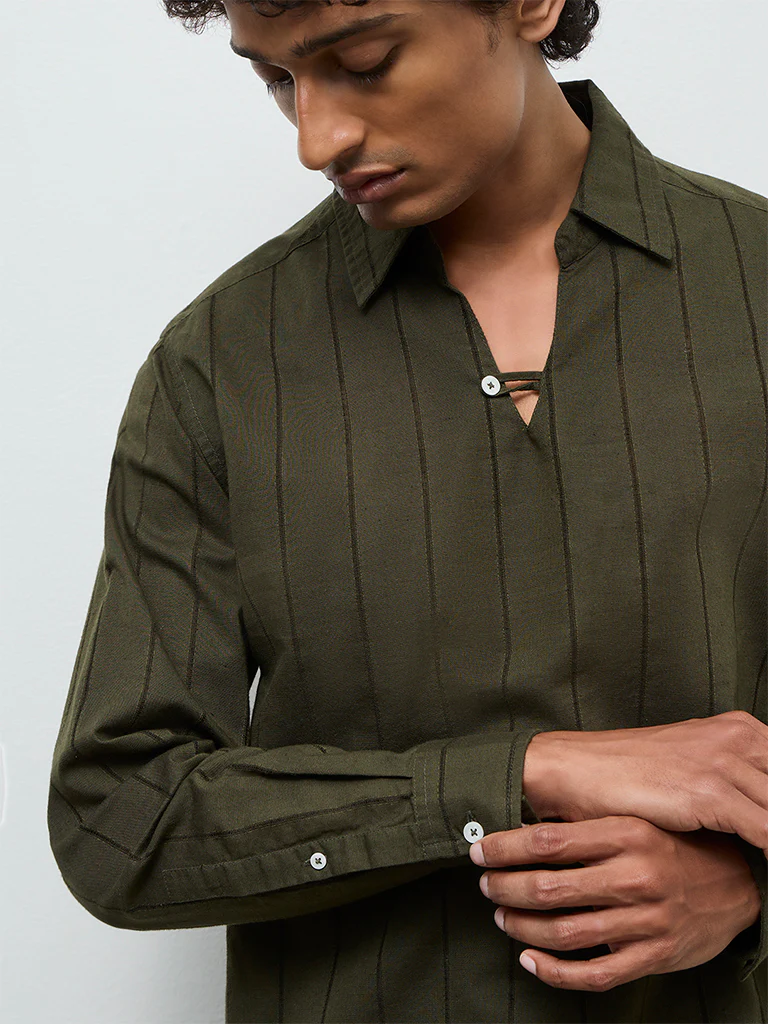 ETA Olive Striped Relaxed-Fit Cotton-Blend Shirt - Image 3