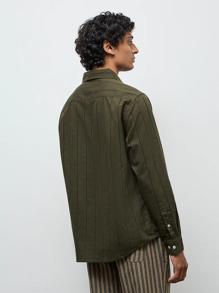 ETA Olive Striped Relaxed-Fit Cotton-Blend Shirt - Image 5