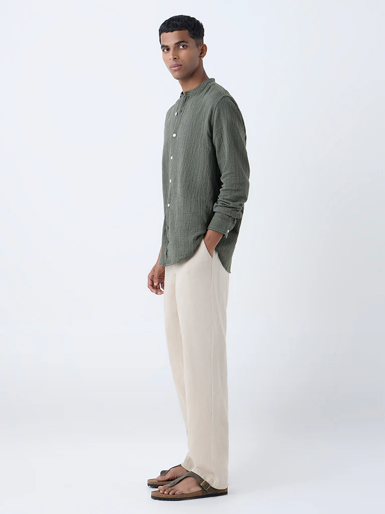 ETA Olive Striped Relaxed-Fit Cotton Shirt - Image 3
