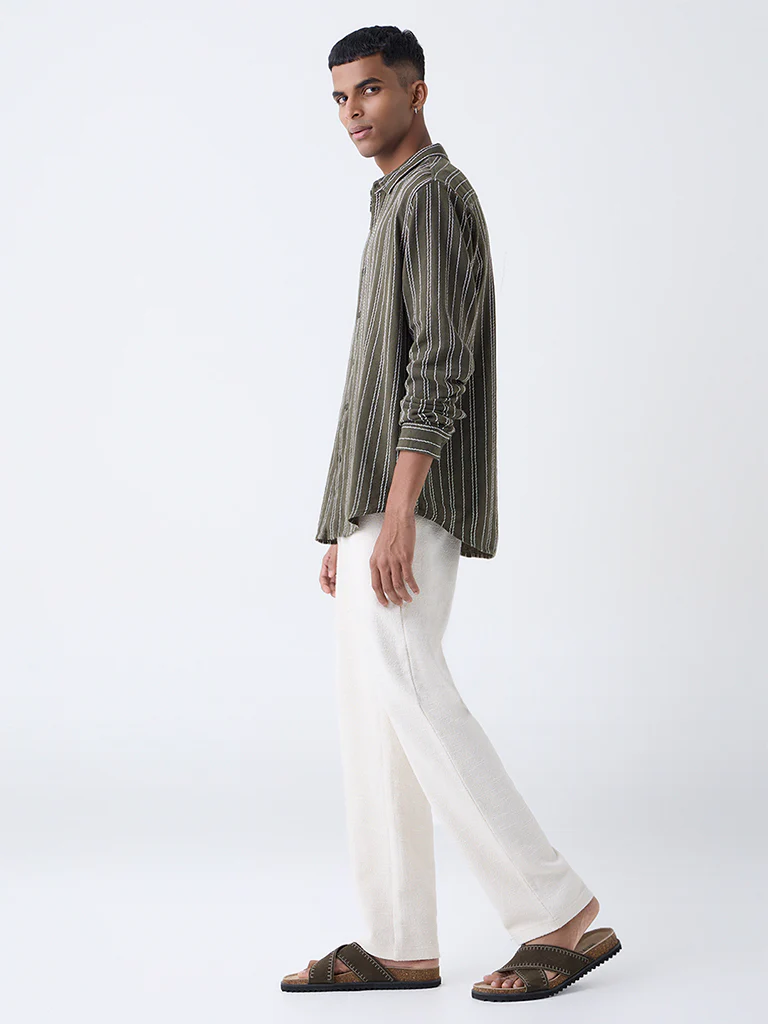 ETA Olive Striped Relaxed-Fit Cotton Shirt - Image 3