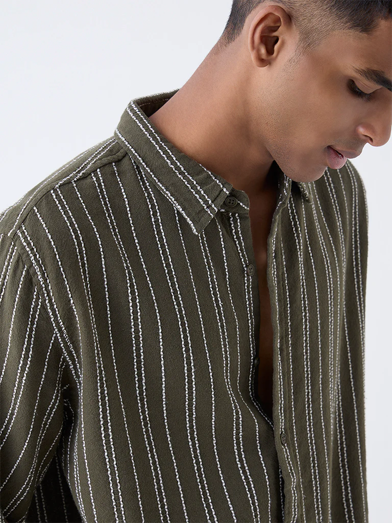 ETA Olive Striped Relaxed-Fit Cotton Shirt - Image 4