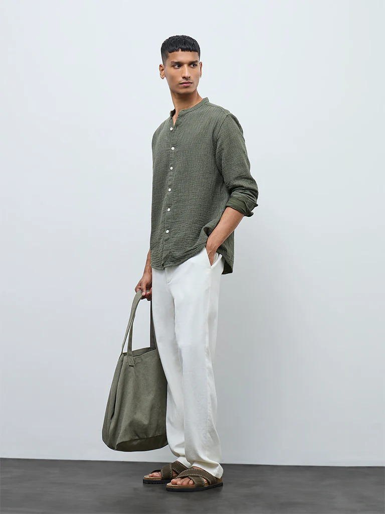 ETA Olive Striped Relaxed-Fit Cotton Shirt - Image 3