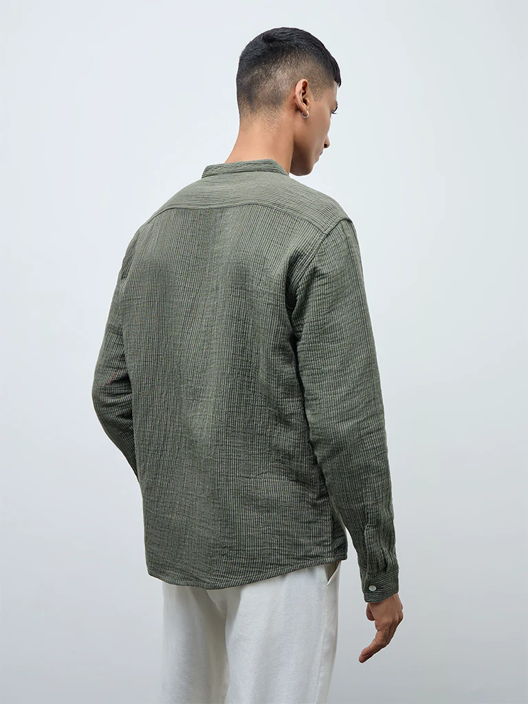 ETA Olive Striped Relaxed-Fit Cotton Shirt - Image 5