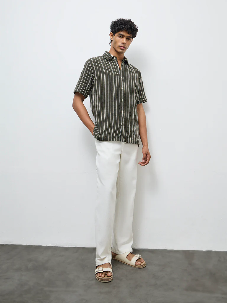 ETA Olive Striped Relaxed-Fit Cotton Shirt - Image 2