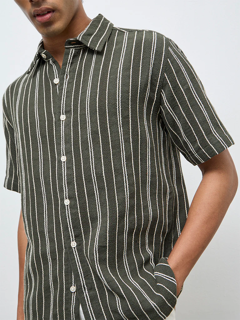 ETA Olive Striped Relaxed-Fit Cotton Shirt - Image 3