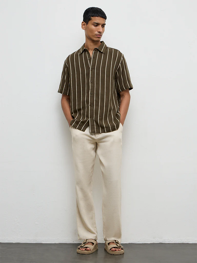 ETA Olive Striped Relaxed-Fit Cotton Shirt - Image 3