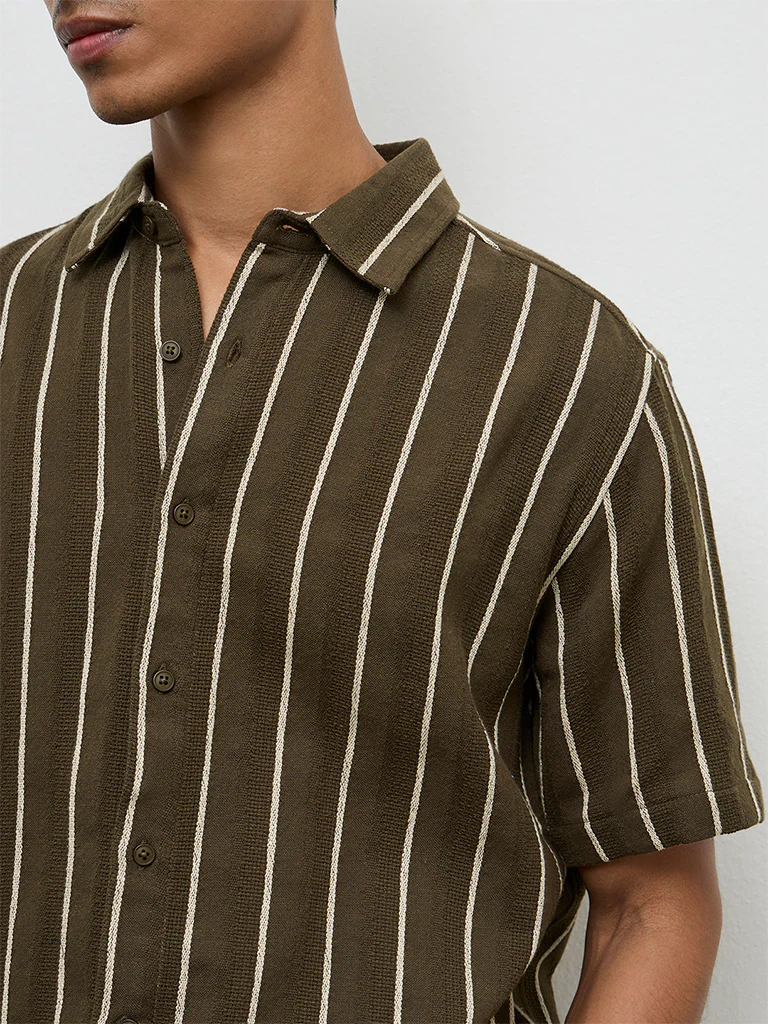 ETA Olive Striped Relaxed-Fit Cotton Shirt - Image 4