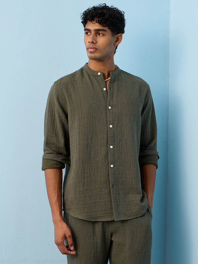 ETA Olive Striped Relaxed-Fit Cotton Shirt - Image 2