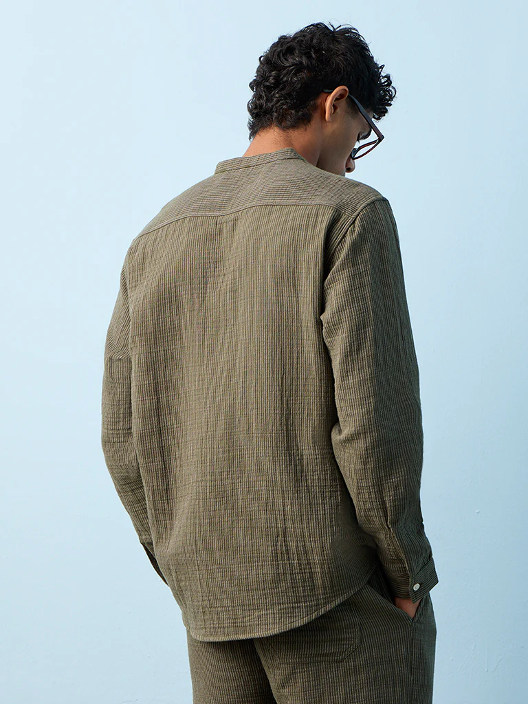 ETA Olive Striped Relaxed-Fit Cotton Shirt - Image 4