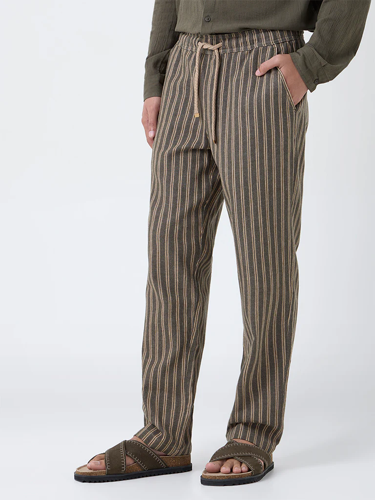 ETA Olive Striped Relaxed-Fit Mid-Rise Cotton-Blend Chinos - Image 2