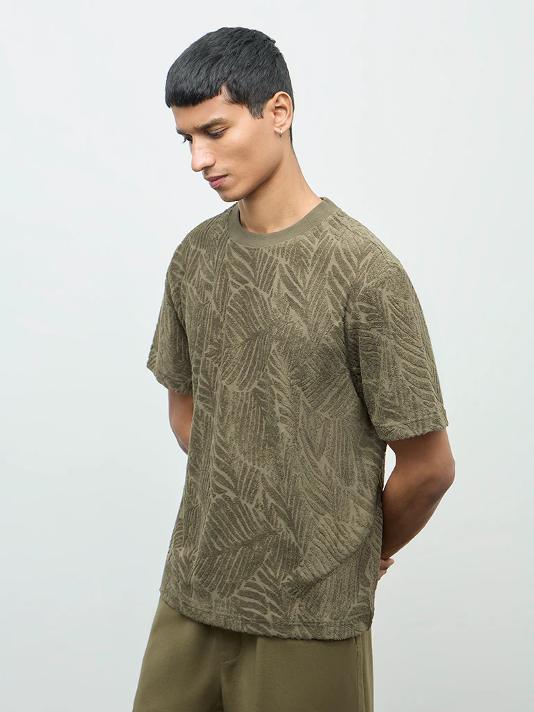 ETA Olive Textured Relaxed-Fit Cotton-Blend T-Shirt - Image 3
