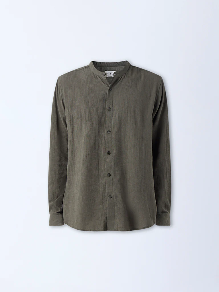 ETA Olive Textured Relaxed-Fit Cotton Shirt - Image 6