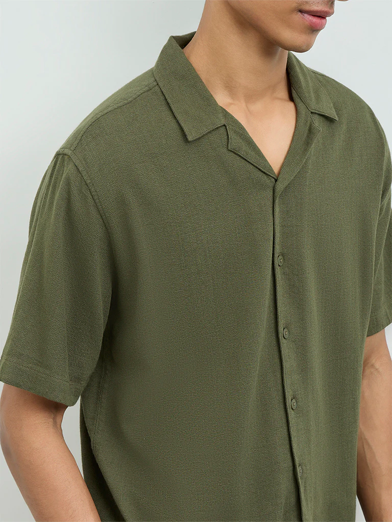ETA Olive Textured Relaxed-Fit Cotton Shirt - Image 3