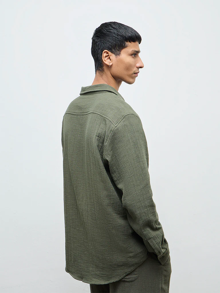 ETA Olive Textured Relaxed-Fit Cotton Shirt - Image 5