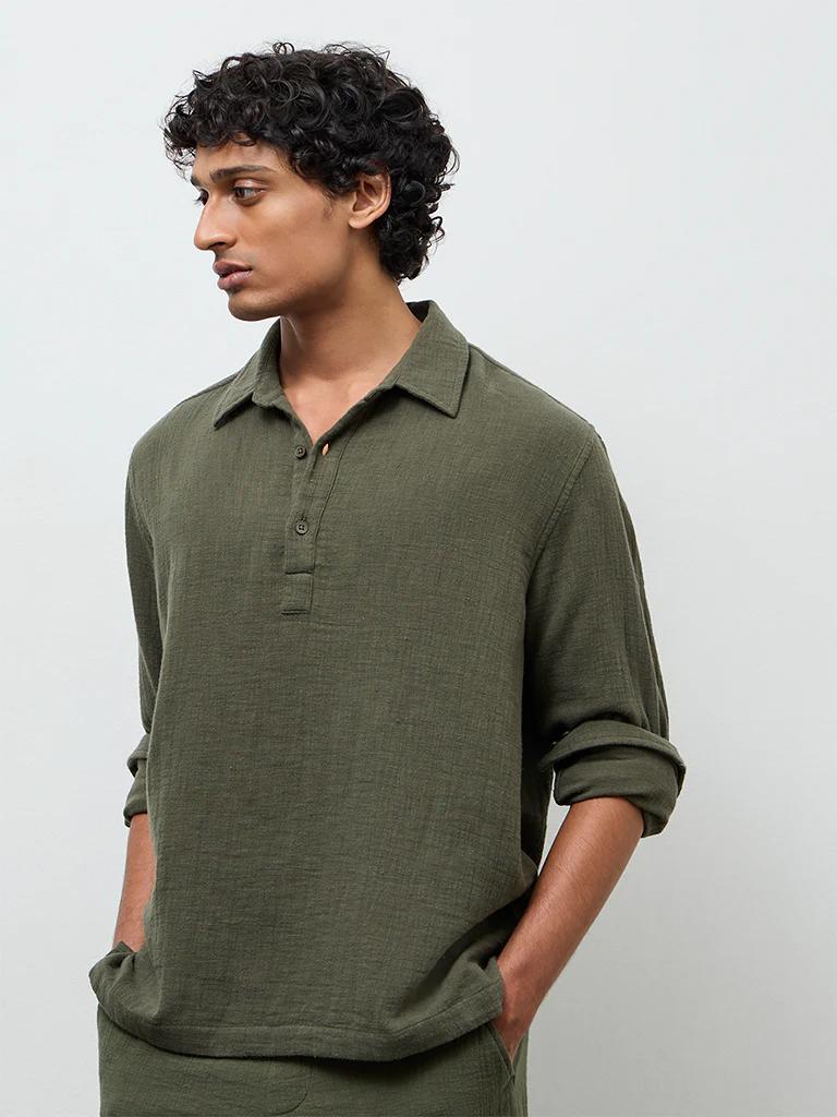 ETA Olive Textured Relaxed-Fit Cotton Shirt - Image 3