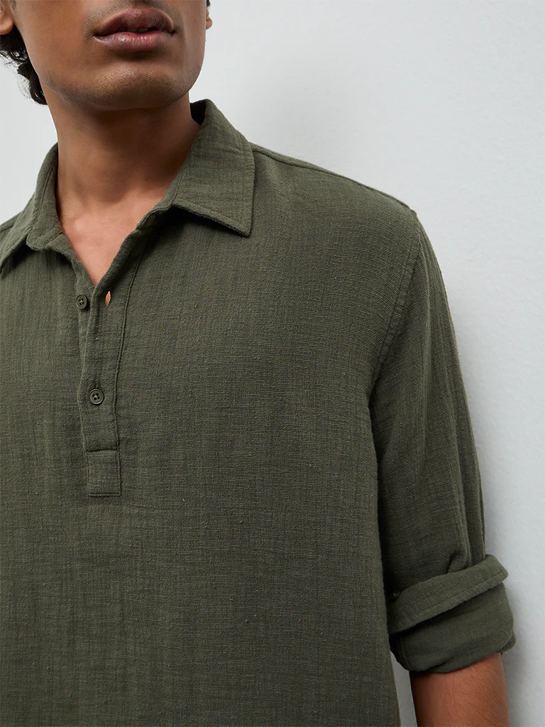 ETA Olive Textured Relaxed-Fit Cotton Shirt - Image 4