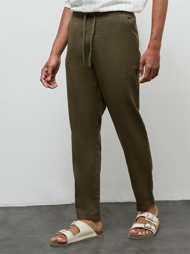 ETA Olive Textured Relaxed-Fit Mid-Rise Cotton Trousers - Image 2