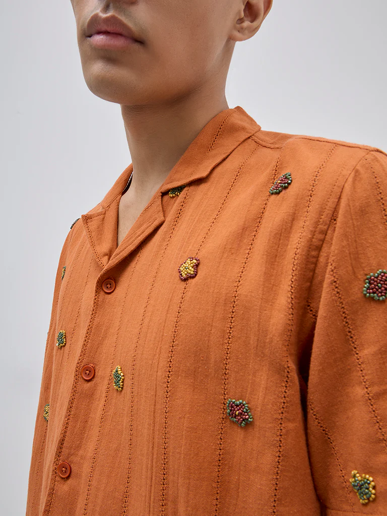 ETA Orange Floral Embroidered Relaxed-Fit Cotton Shirt - Image 2
