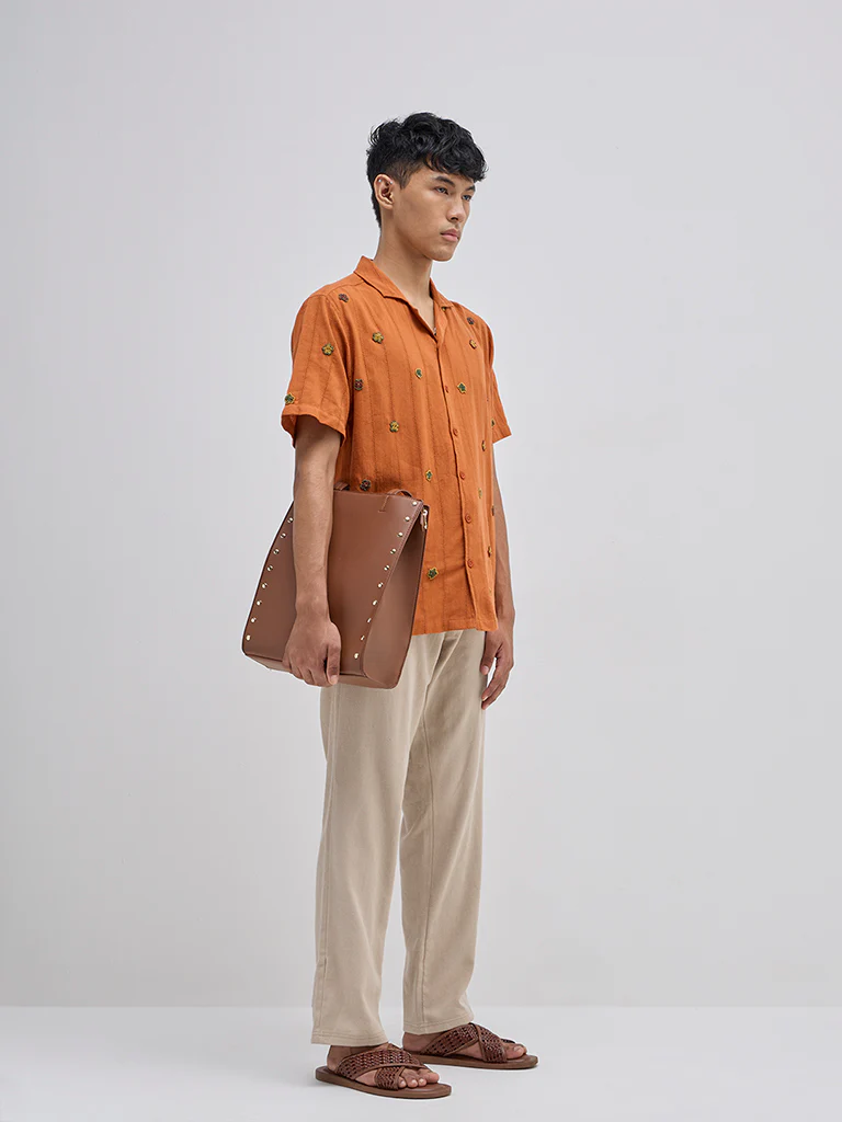 ETA Orange Floral Embroidered Relaxed-Fit Cotton Shirt - Image 3