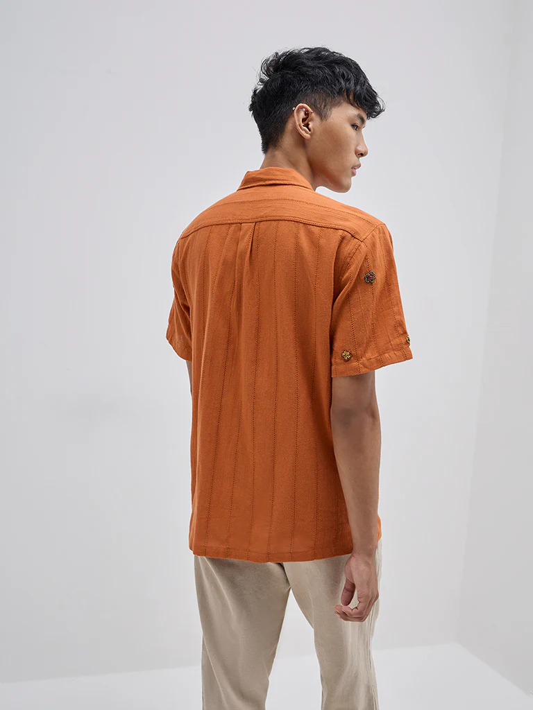 ETA Orange Floral Embroidered Relaxed-Fit Cotton Shirt - Image 4