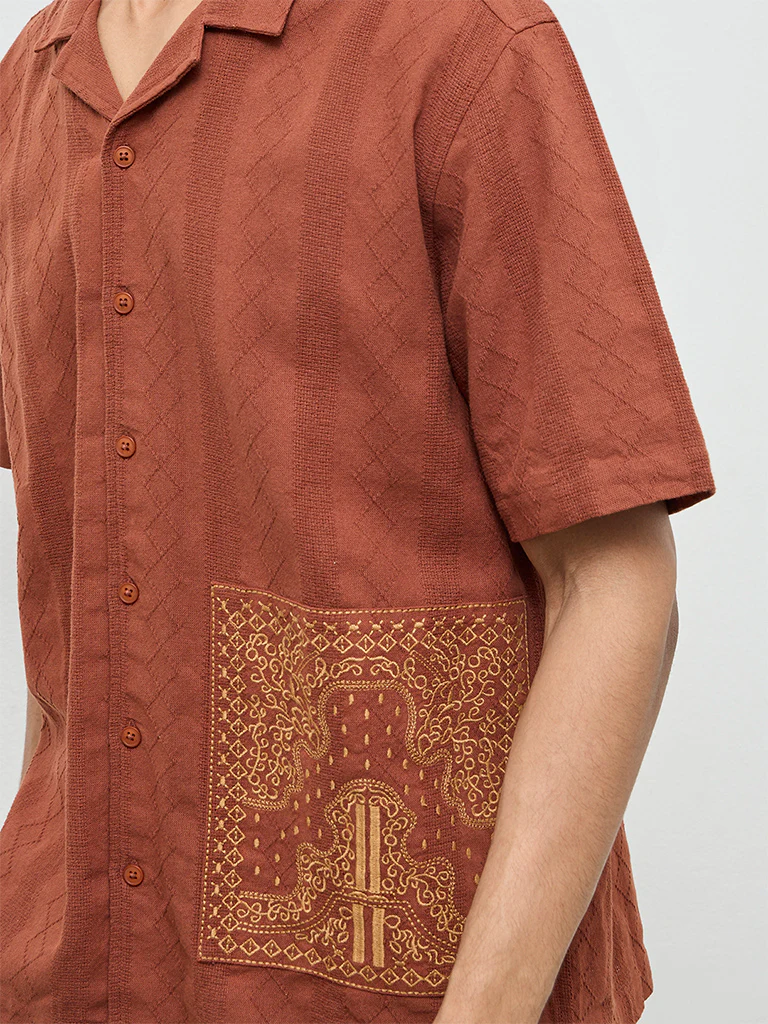 ETA Rust Embroidered Relaxed-Fit Cotton Shirt - Image 3