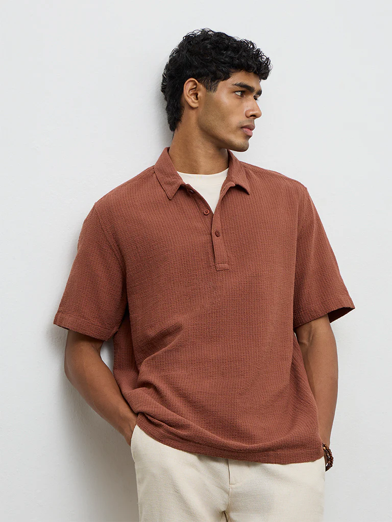 ETA Rust Textured Relaxed-Fit Cotton Polo T-Shirt - Image 3