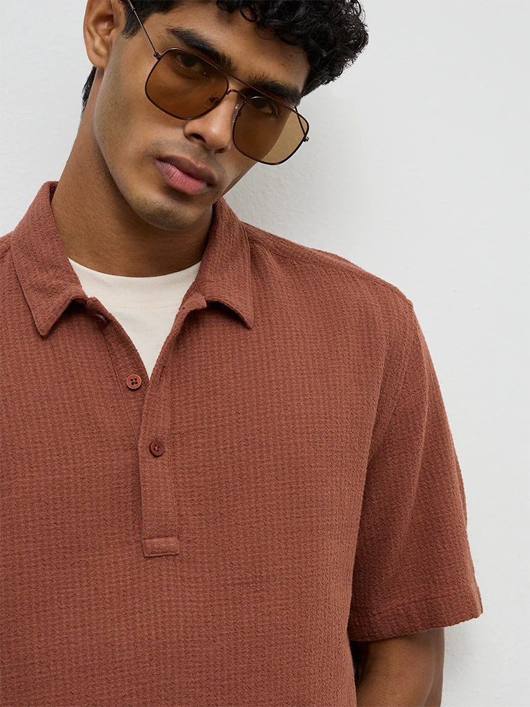 ETA Rust Textured Relaxed-Fit Cotton Polo T-Shirt - Image 4