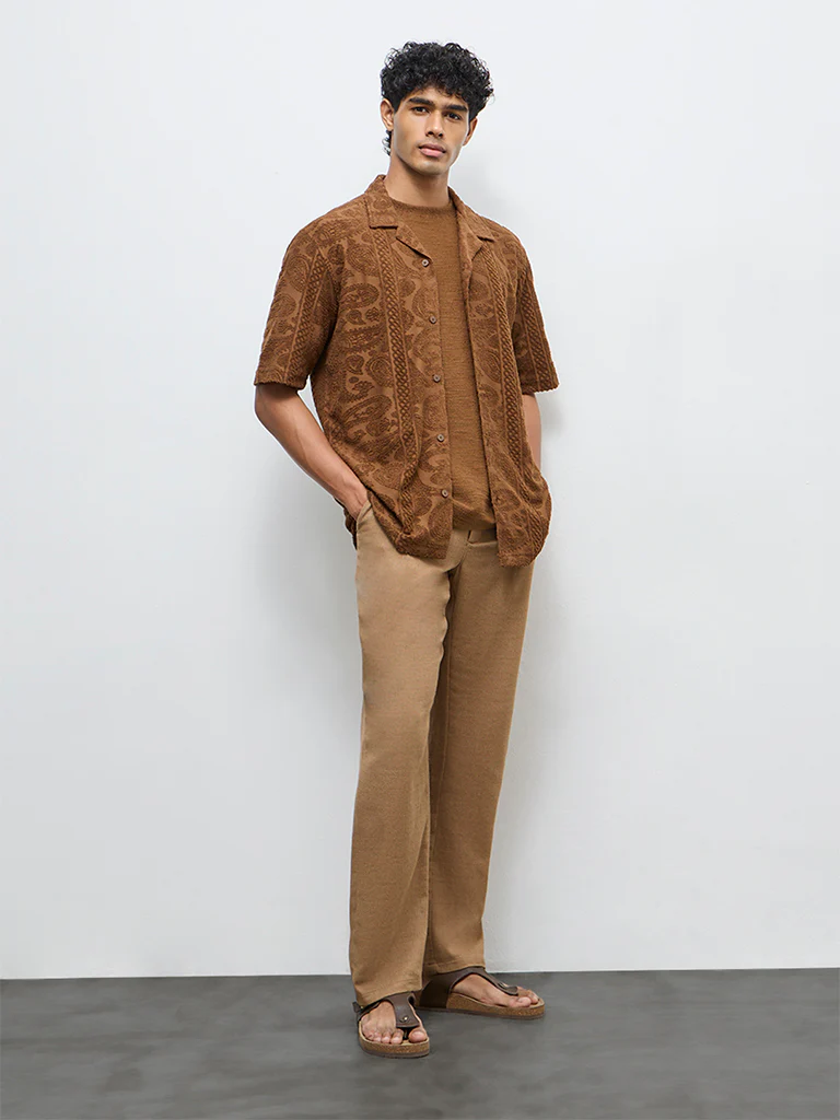 ETA Tan Paisley Embroidered Relaxed-Fit Cotton-Blend Shirt - Image 3